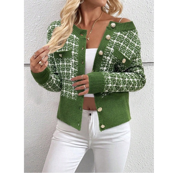 Green Plaid Button Up Cardigan Knit Long Sleeve  Stretchy Buttons - Picture 3 of 8